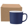 A ceramic mug in navy blue with a white rim, positioned next to a plain cardboard box.
