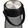 A drink bottle with a transparent body and a black lid featuring a metal top and a carrying handle.