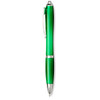 A green ballpoint pen with a shiny finish and silver accents, featuring a clip and a logo.