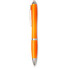 An orange ballpoint pen with silver accents and a clip, featuring a logo.
