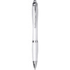 A white ballpoint pen with chrome accents and a textured grip. Features a logo on the body.