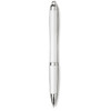 A white ballpoint pen with silver accents and a branding logo. Made from recycled PET materials.
