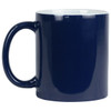 A navy blue ceramic mug with a glossy finish and a large handle, presented without any design elements.
