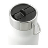 A drink bottle with a stainless steel lid and a dark straw lid, featuring a sleek white body.