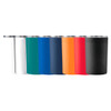A drink bottle collection featuring various colours including white, teal, blue, orange, and black, with a stainless steel lid.