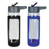A drink bottle set featuring two styles: one with a black silicone cover and one with a blue silicone cover. Both have a logo.