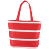 A red insulated cooler bag with white stripes and two handles. It features a logo on the front.