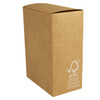 A brown, recyclable cardboard box with a logo, featuring a tab closure at the top.