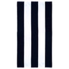 A striped cotton beach towel in black and white with a logo at one end.
