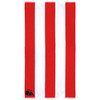 A cotton beach towel featuring red and white striped design with a logo in the corner.