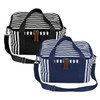 Striped cotton canvas cooler bags in black and navy blue with zip closures and handles. Features a logo.