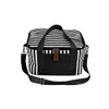 A striped black and white cotton canvas cooler bag with dual handles and a detachable shoulder strap.