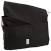 A black canvas shoulder bag with a flap and exterior pocket, featuring a shoulder strap and a logo.