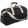 A black duffle bag with cream-coloured handles and a zippered opening, featuring a logo.