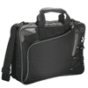 A black laptop bag featuring handles, a shoulder strap, and multiple pockets for organisation. It has a logo displayed.