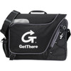 A black laptop bag with a shoulder strap, featuring a logo and various compartments for storage.
