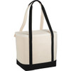 A cotton cooler bag in cream and black, featuring sturdy straps and a zip closure. It has a branding logo.
