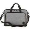 A grey and black computer briefcase with a shoulder strap and dual handles, featuring a logo.