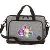 A grey and black laptop briefcase with a shoulder strap and multiple decorative stickers on the front.