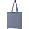 A blue recycled cotton twill tote bag with two shoulder straps and a simple design. Features a logo.