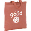 A recycled cotton twill tote in a rust colour with handles and a logo printed on the front.