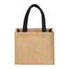 A mini jute tote bag in natural brown with black handles, featuring a simple design and a logo.
