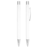 A white metal ballpoint pen with chrome accents and a clip, featuring a sleek click action design.