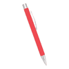 A bright red ballpoint pen with a silver clip and tip, showcasing a sleek metal design.