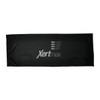 A black fitness towel with a logo and text. Its smooth texture is suitable for cooling activities.