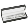 A sleek silver pen displayed in a black single pen box, featuring an interior with a white lining.