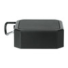 A black outdoor waterproof Bluetooth speaker with a metal loop for attachment. The design is compact and rugged.