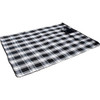 A large picnic rug features a black and white plaid pattern, with a secure fastening for easy transport.
