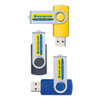 A collection of four USB flash drives in blue, yellow, and grey, featuring a logo on the side.