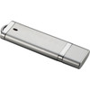 A silver USB flash drive with a sleek design. It features a small hole for attaching a keychain and has a logo.