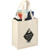 A mini cotton tote bag in natural colour, containing sunglasses, a drink bottle, and various items. It features a logo.