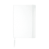 A white notebook with a textured cover, featuring an elastic band and a ribbon bookmark, includes a branding logo.