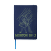 A navy notebook with an elastic band featuring a logo and an illustration of a girl with an umbrella.