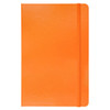 An orange notebook with a smooth finish and elastic band closure, featuring a logo on the front.