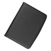 A black imitation leather A4 compendium with a smooth finish, featuring an interior for documents and a logo.