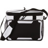 A black and white cooler bag with a shoulder strap, featuring mesh pockets and a logo. Suitable for carrying drinks.
