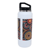 A drink bottle featuring a colourful Aboriginal-inspired design, primarily white with red and yellow patterns.
