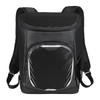 A black cooler backpack with adjustable straps, featuring a front pocket and a logo. Holds 18 cans.