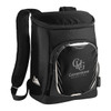 A black cooler backpack featuring a branded front pocket and adjustable shoulder straps. Suitable for carrying drinks and food.