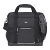 A black cooler bag with a sturdy handle, mesh pockets, and a shoulder strap, featuring a logo on the front.