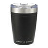 A drink tumbler in matte black with a stainless steel lid, featuring a logo on the front.