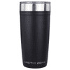 A drink bottle with a matte black finish and stainless steel lid, featuring a branding logo on the front.