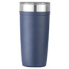 A drink bottle in navy blue with a stainless steel rim, featuring a logo on the side.