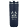 A drink bottle in navy blue with a straw, featuring a palm tree design and a logo.