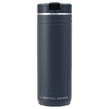 A drink bottle in navy blue with a stainless steel lid and a logo. Designed for thermal retention.