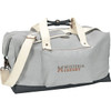 A grey and dark grey weekender duffel bag with a shoulder strap and a front pocket, featuring a logo.